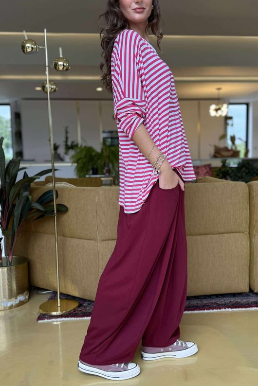 Made in Italy Perfect Breton V Long Sleeve Top Hot Pink - **